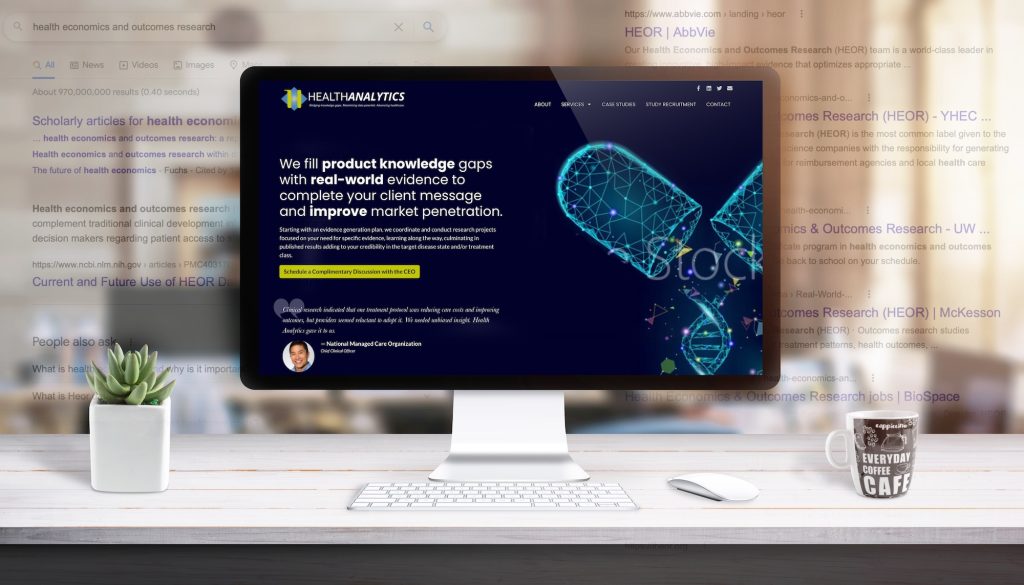Healthcare research agency website displayed on desktop monitor with digital DNA graphic and service messaging