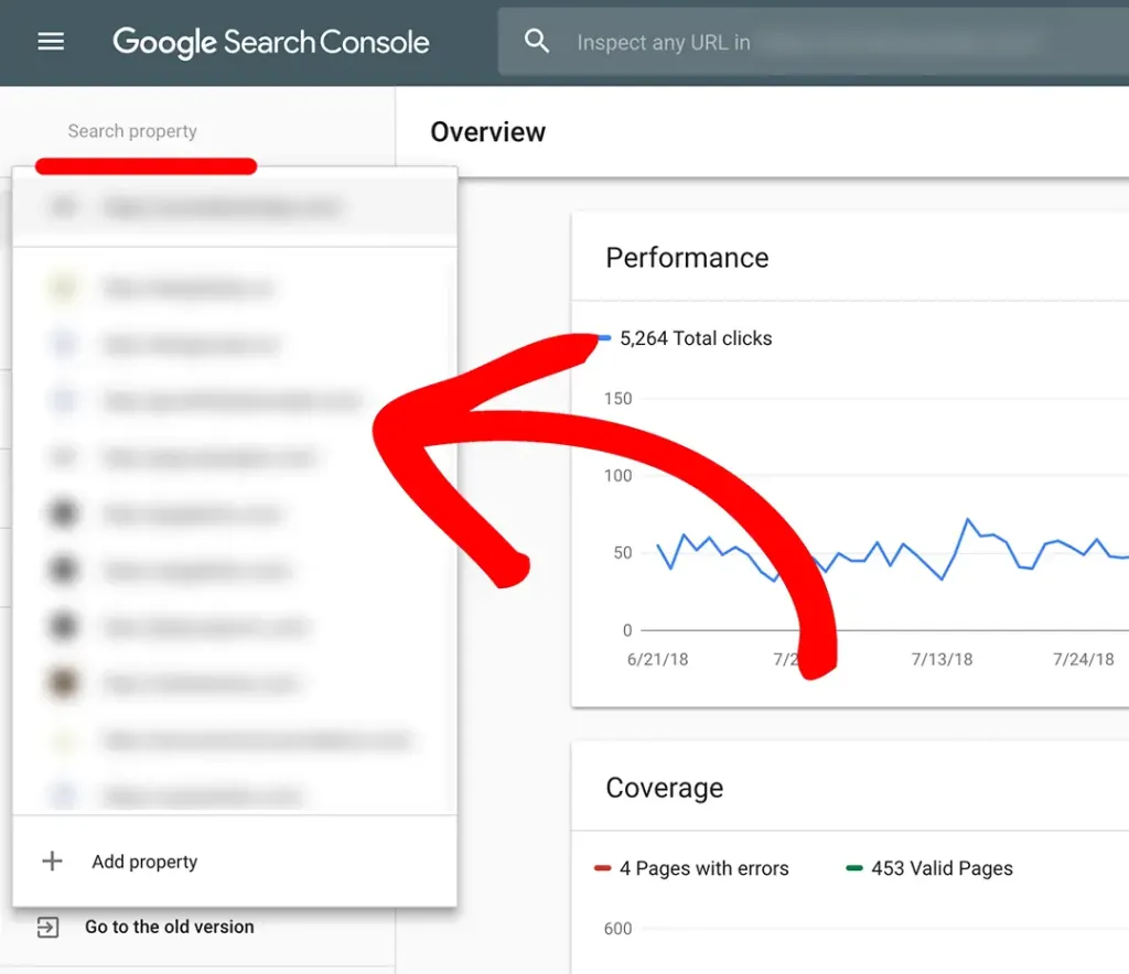 Google Search Console dashboard showing 5,264 total clicks and performance metrics