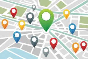 digital city map with colorful pins, one business highlighted in bright green at the top of search results, modern infographic style