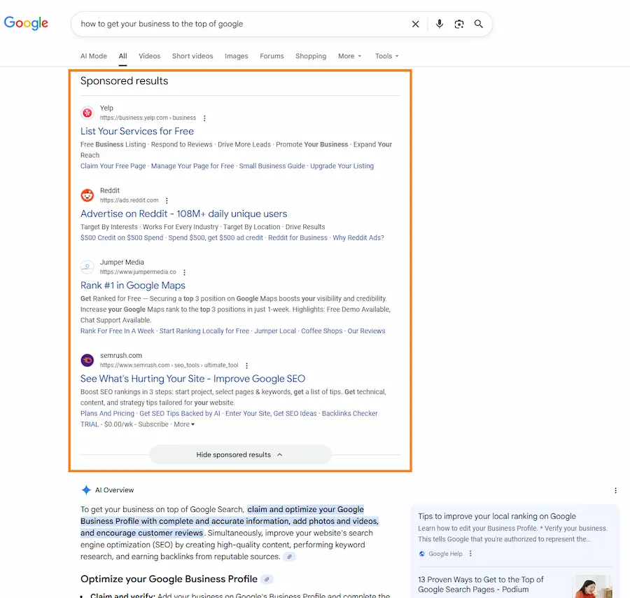 What's shown at the Top of the Google Search Results in late 2025