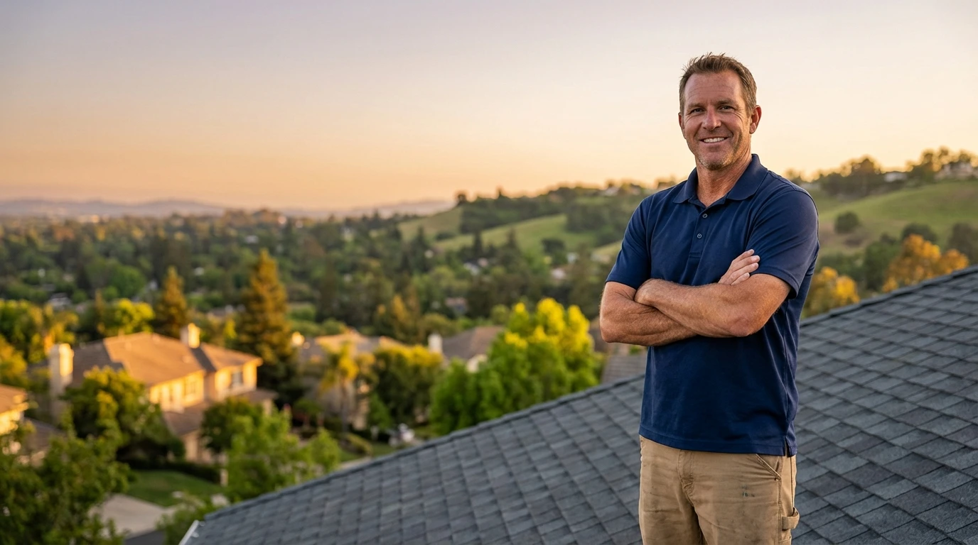 Confident roofing contractor standing on a completed residential roof in a Bay Area neighborhood at golden hour