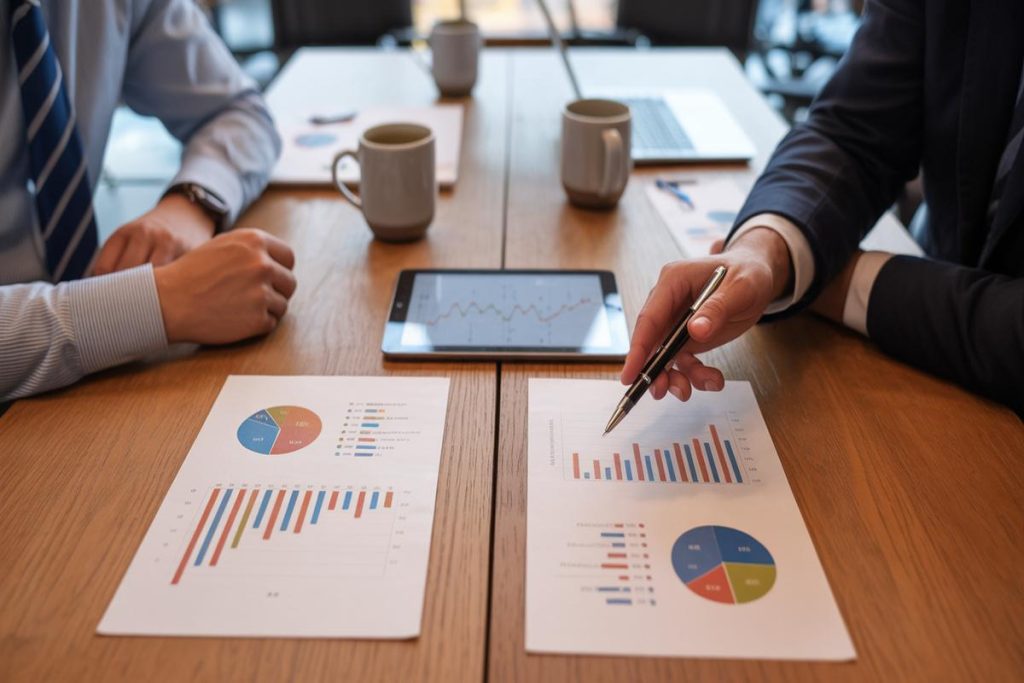 Marketing team reviewing budget reports and charts at a conference table