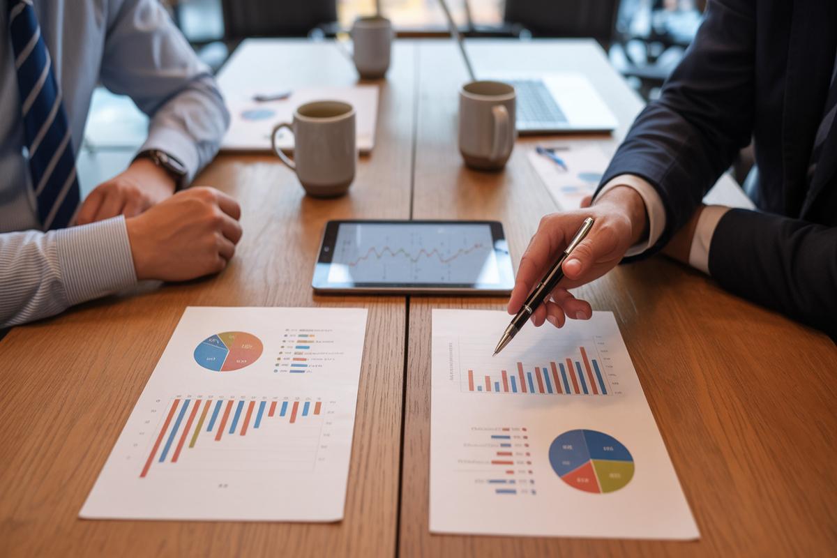 Marketing team reviewing budget reports and charts at a conference table