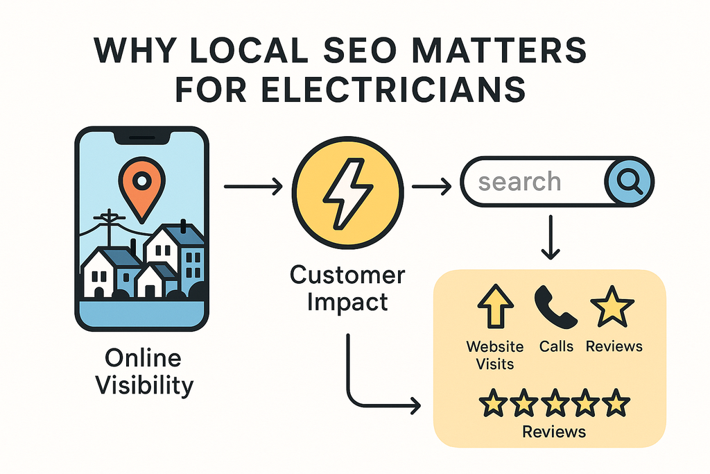 Minimalist infographic showing a smartphone map with location pin, electrician lightning bolt icon, magnifying glass, arrows, and icons for website visits, calls, and five-star reviews. Blue and yellow sections highlight online visibility and real-world impact. Clean, accessible layout for electricians’ local SEO importance.