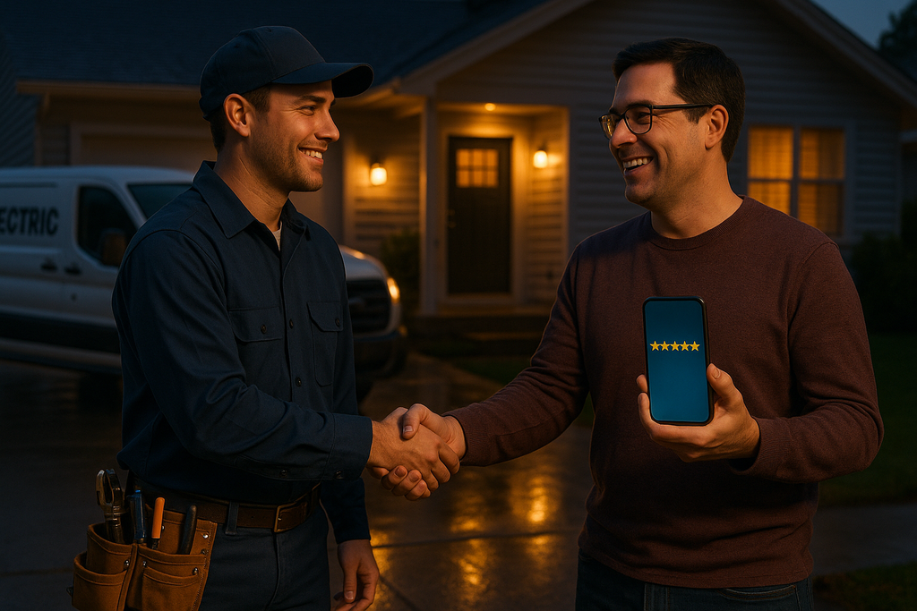 Electrician in a worn uniform shakes hands with a happy homeowner outside a suburban house at dusk. The homeowner's smartphone displays a glowing five-star review, symbolizing trust and satisfaction. Details include a tool belt, branded van, and wet street reflecting moody lighting.
