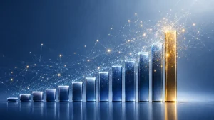 a blue image with a bar graph going up and a gold bar at the end