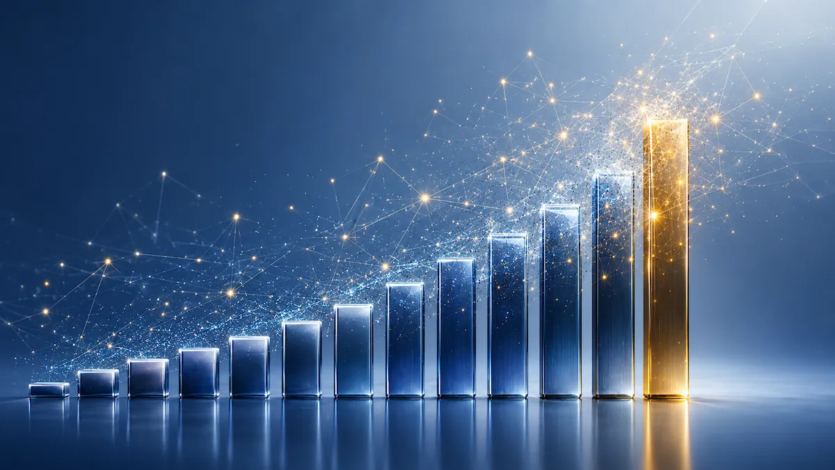 a blue image with a bar graph going up and a gold bar at the end