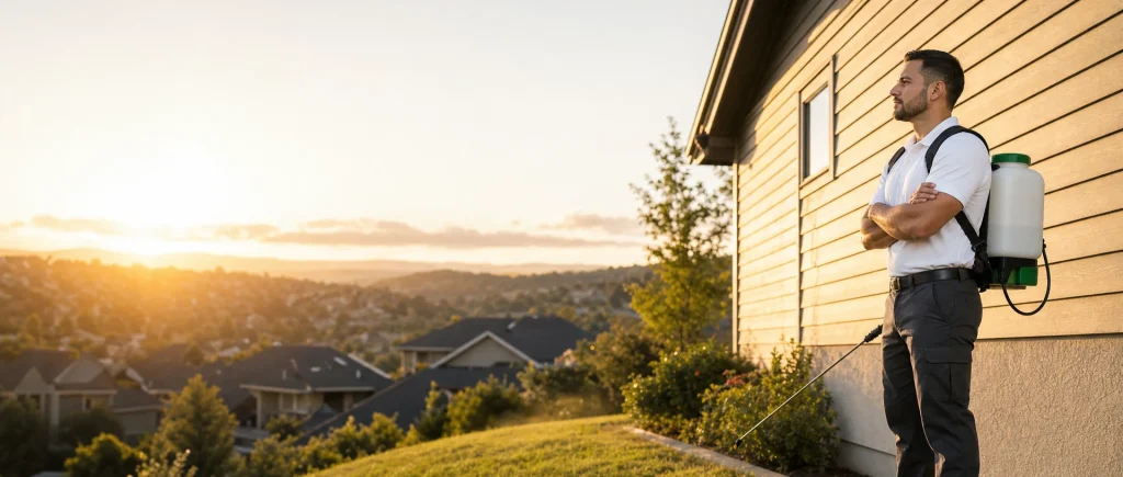 Pest control technician with a backpack sprayer beside a house at sunset