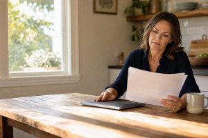 Small business owner at a kitchen table in California reading a local SEO proposal before hiring a provider, Boomcycle Digital Marketing