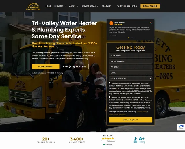 Barnett Plumbing and Water Heaters website home page