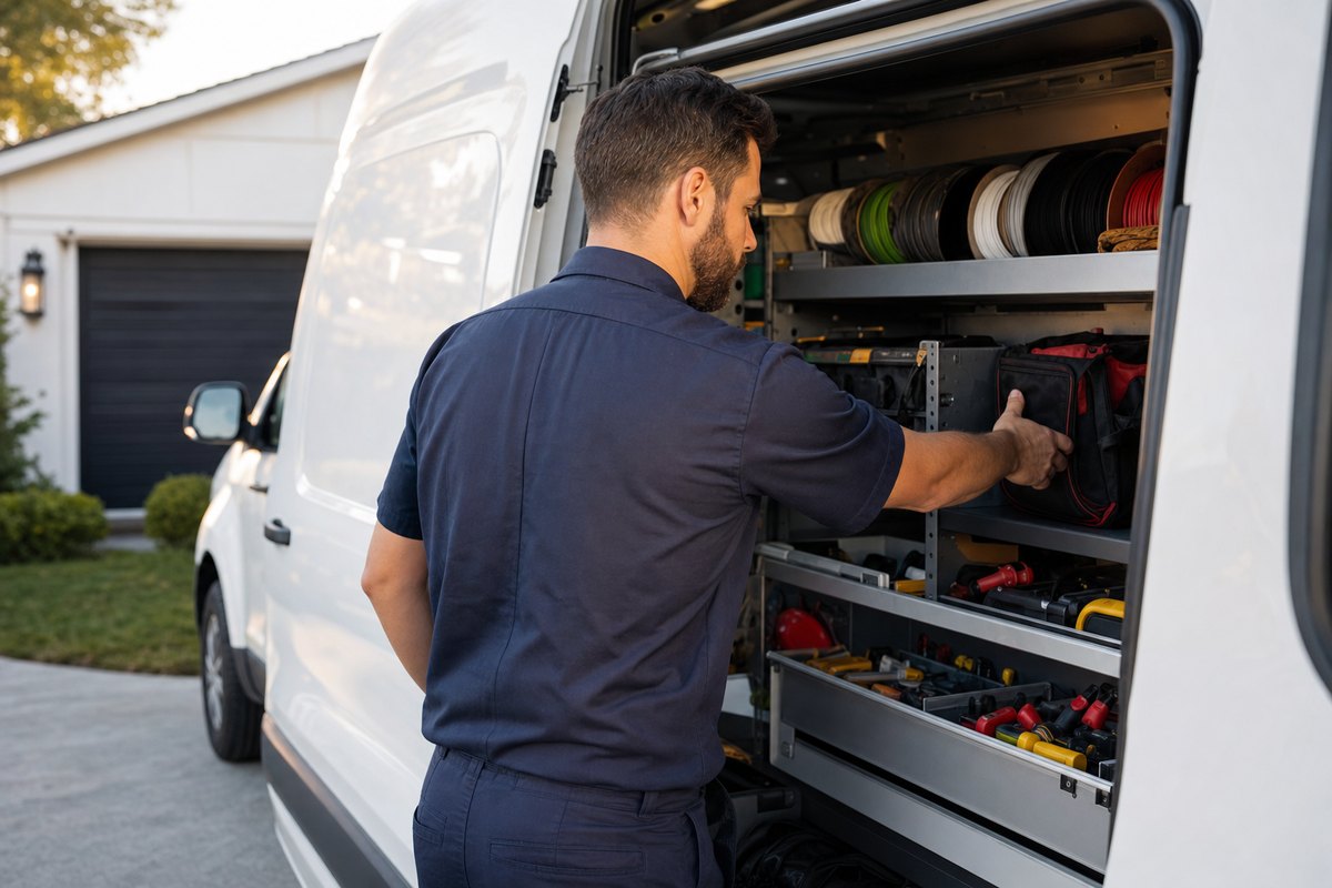 Electrician in a navy work shirt reaching for a tool bag in the open side door of a white service van in a home driveway