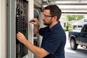 Electrician in safety glasses working on an open residential breaker panel in a suburban garage