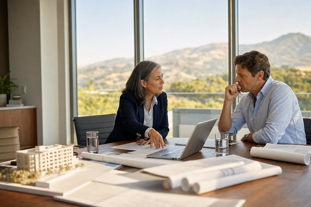 Two founding partners of a structural engineering firm reviewing next year's marketing budget in a San Ramon conference room