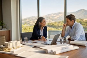Two founding partners of a structural engineering firm reviewing next year's marketing budget in a San Ramon conference room