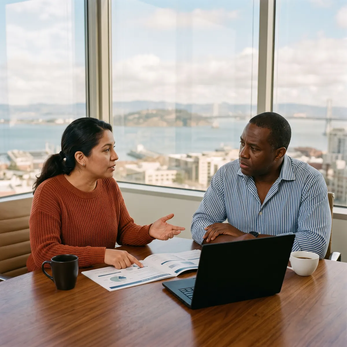 Marketing strategist reviewing a growth plan with the owner of an engineering firm
