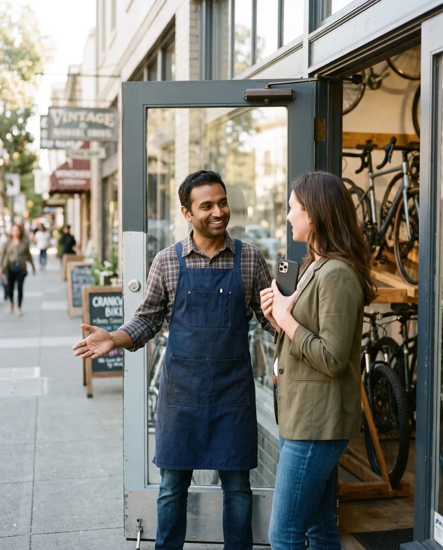 Bike shop owner greeting a customer at his storefront door