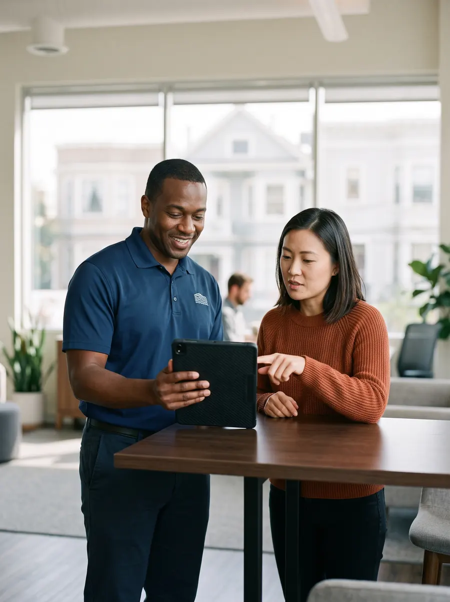 Marketing consultant reviewing Google Maps results on a tablet with a business owner