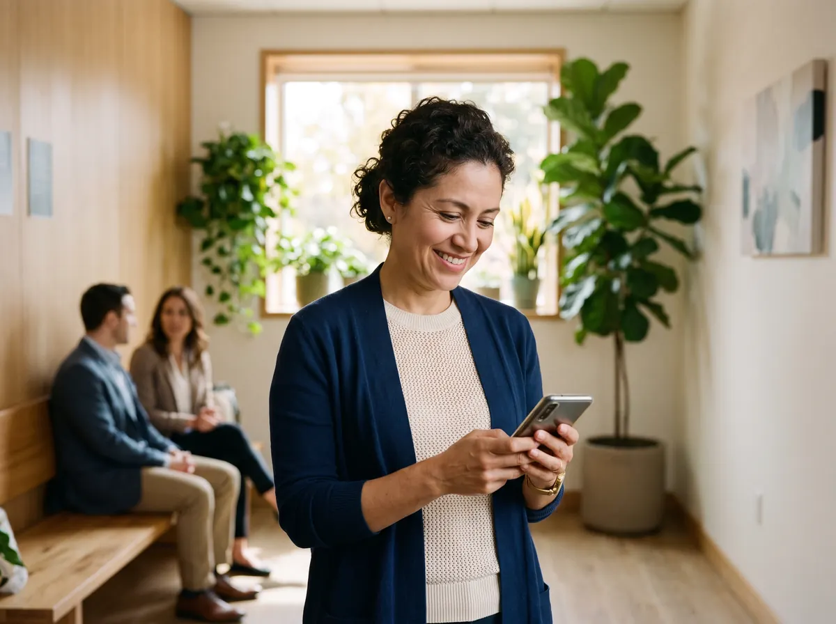 Dental practice owner reading new Google reviews on her phone at the front desk