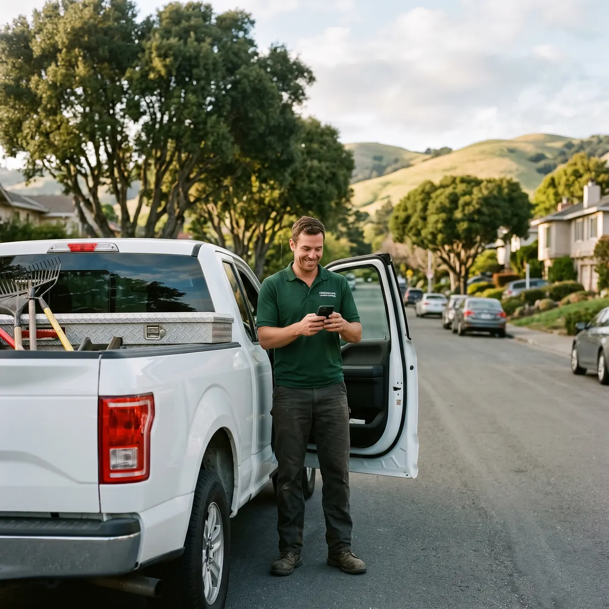 Landscape contractor checking a new customer lead on his phone beside his truck