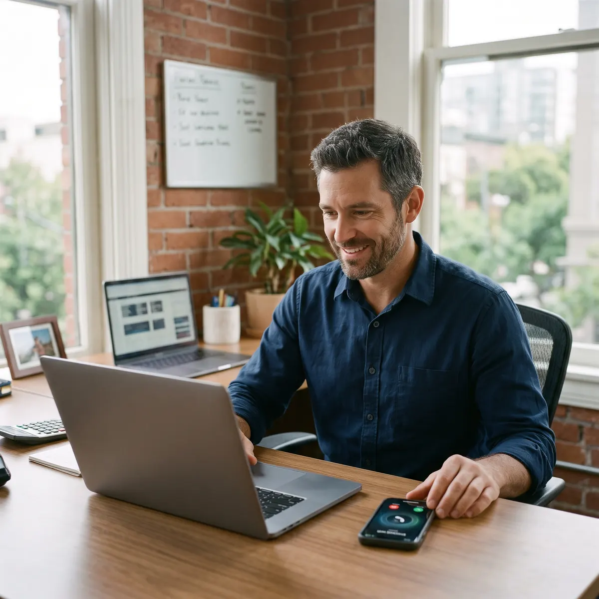 HVAC company owner reviewing calls and leads by channel on his laptop