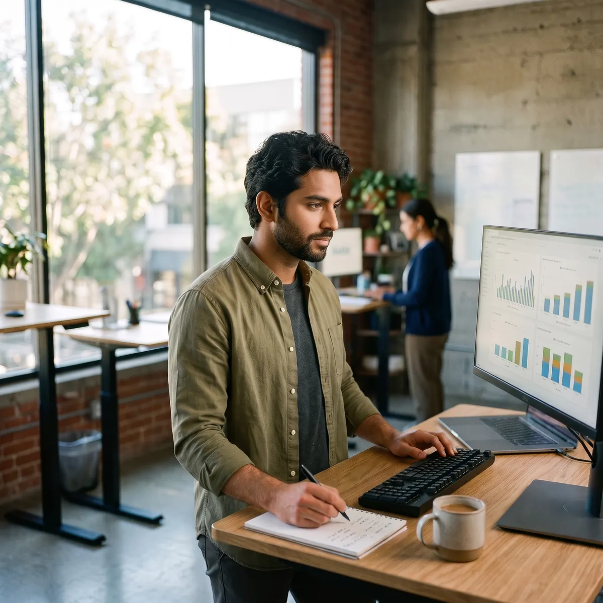 Paid search specialist reviewing ad performance charts at a standing desk