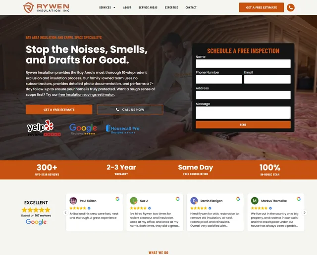 Rywen Insulation website home page with a free inspection form