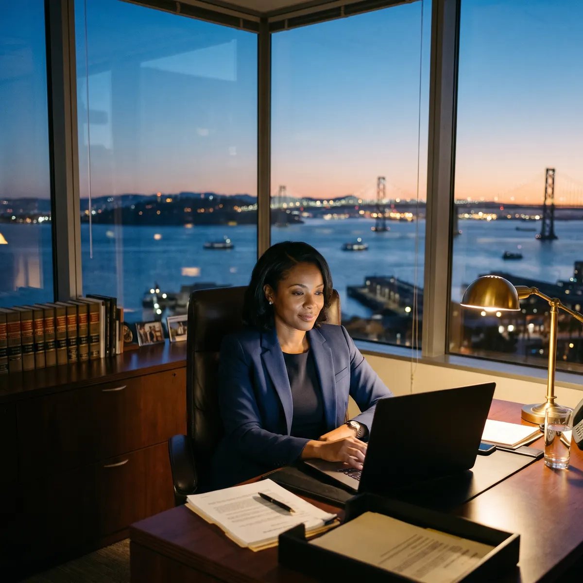 Law firm partner reviewing new client inquiries in her office at twilight