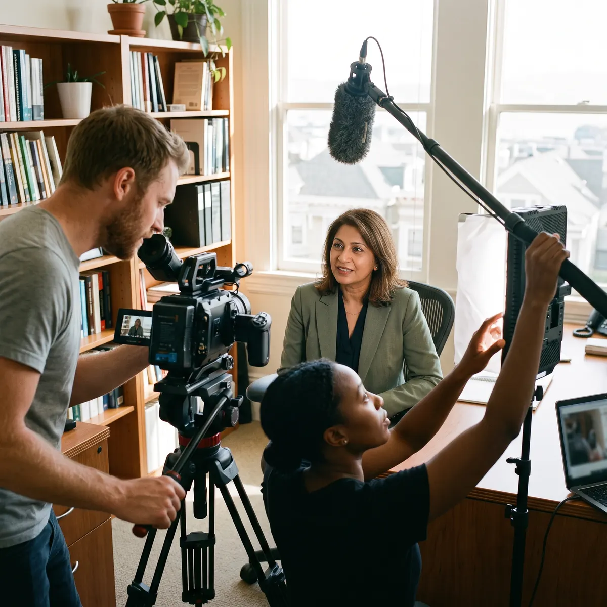 Video crew filming an interview with the owner of an accounting firm