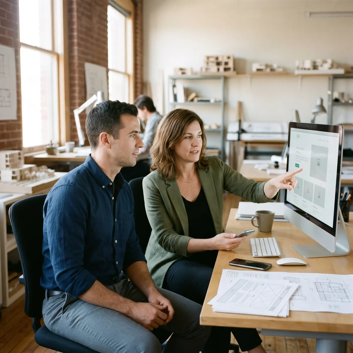 Architect reviewing a new website layout with a web designer