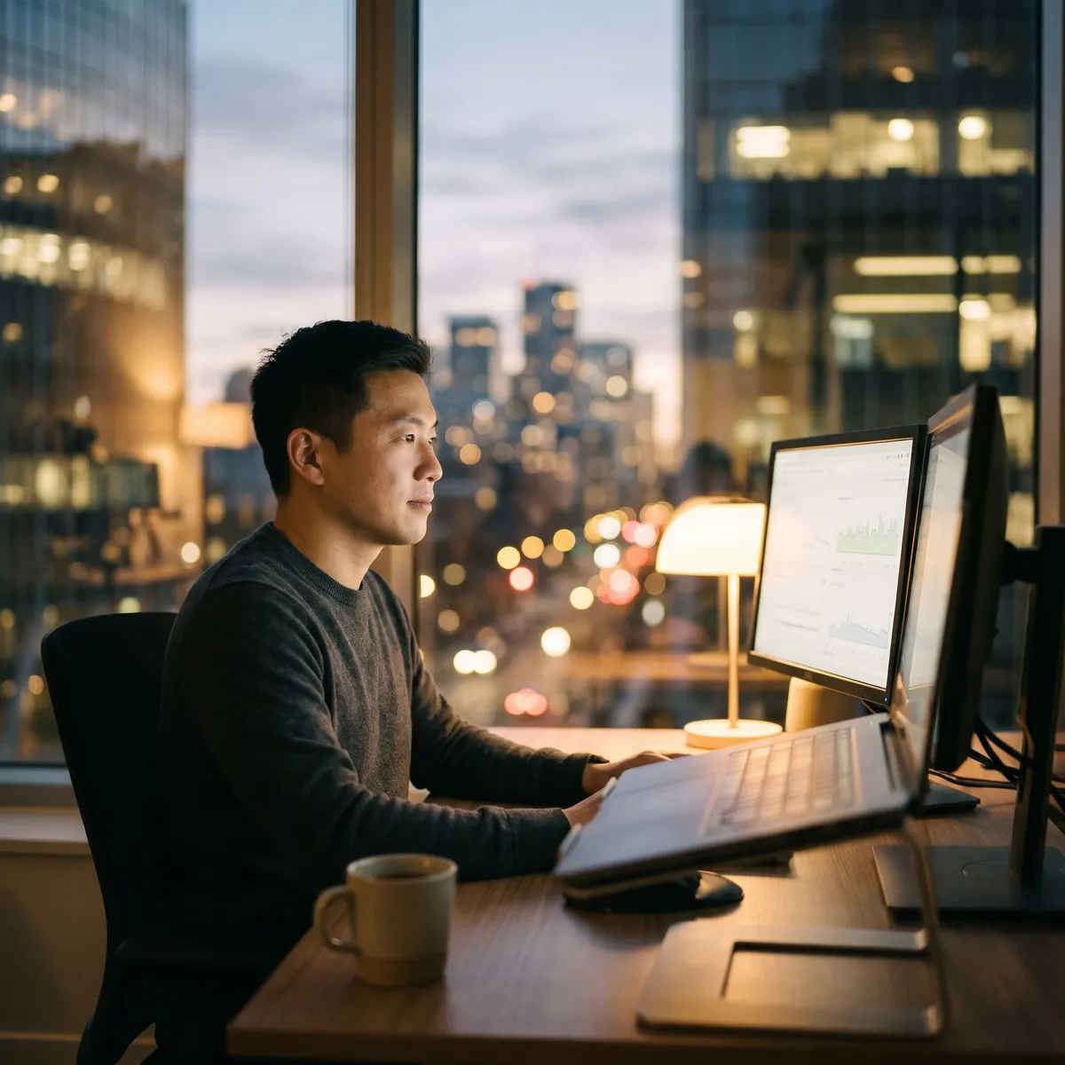 Website engineer monitoring uptime and security dashboards in the evening