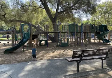 Child at playground with slides and structures under large tree, park bench in foreground