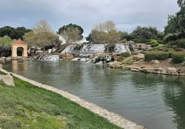 Waterfall Park scenic pond with landscaping and trees in San Ramon